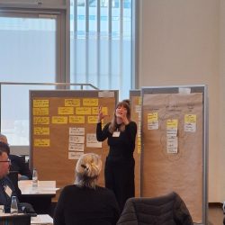 Auf dem Bild ist eine Person zu sehen, die vor einer Pinnwand steht. An der Pinnwand hängen Moderationskarten. Die Person vor der Pinnwand erklärt, was auf diesen steht.