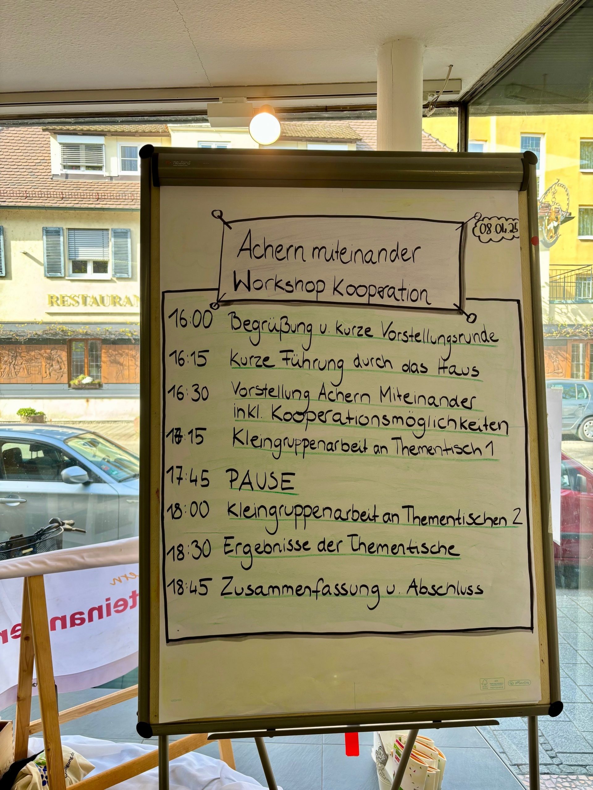Einblicke in den Projektbesuch bei Achern miteinander e.V.: Auf dem Bild ist die Agenda des Workshops Kooperation zu sehen